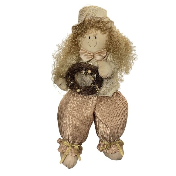 Christmas Shelf Sitter Plush Doll With Curly Hair Bow & Wreath Gold 18" - Picture 7 of 12